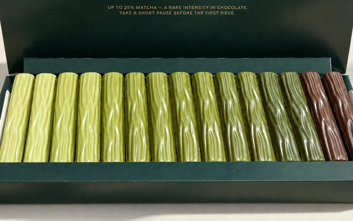 Matcha chocolate sticks in seven shades of green and two hojicha sticks