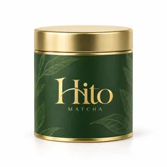Метална кутийка Hito Matcha със златист капак и зелен етикет с чаени листа